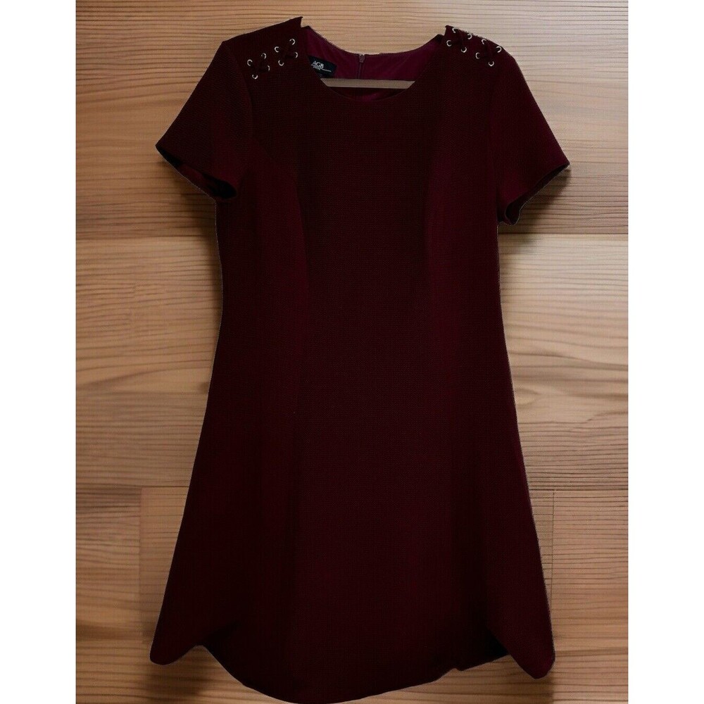 AGB Waffle Knit Dress Stretch Fit Flare Short Sleeve Lace Shoulders Burgundy 14